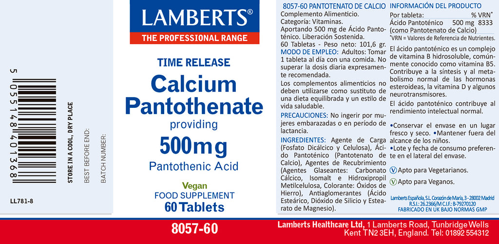 Ácido Pantoténico o Vitamina B5 como Pantotenato de Calcio 500mg