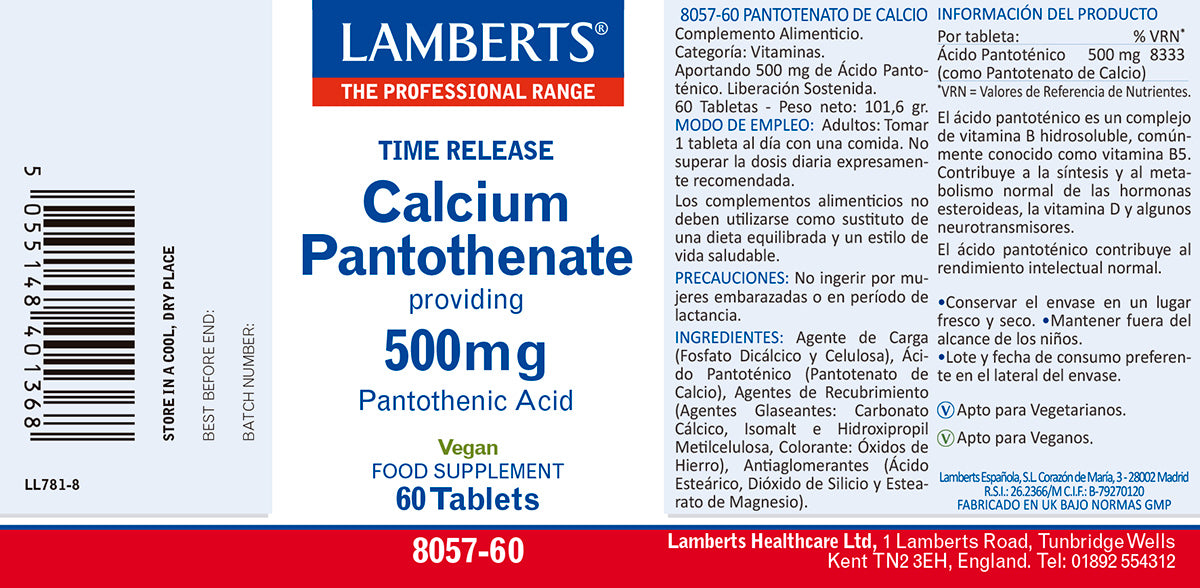 Ácido Pantoténico o Vitamina B5 como Pantotenato de Calcio 500mg