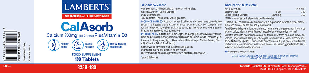 CalAsorb, Calcio 800mg como Citrato y Vitamina D3 180 tabletas