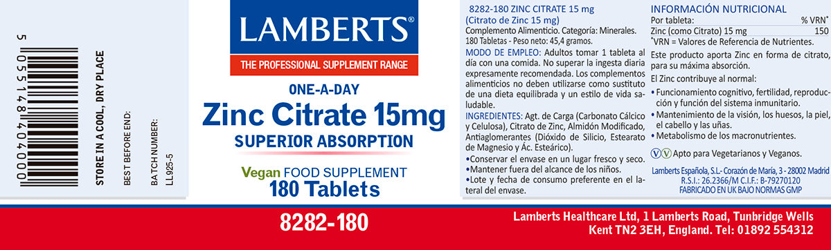 Citrato de Zinc 15 mg con mayor absorción 180 tabs