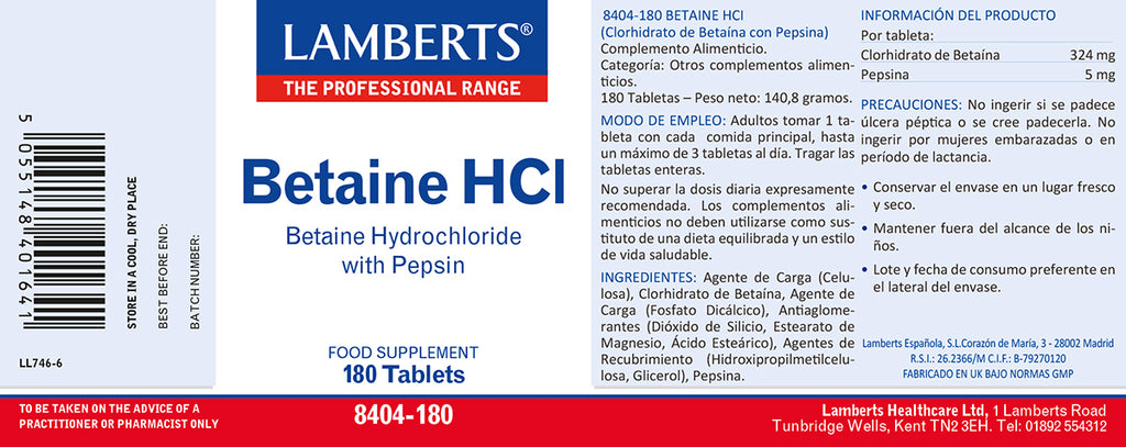 Betaína HCI 324mg y Pepsina 5mg en tabletas