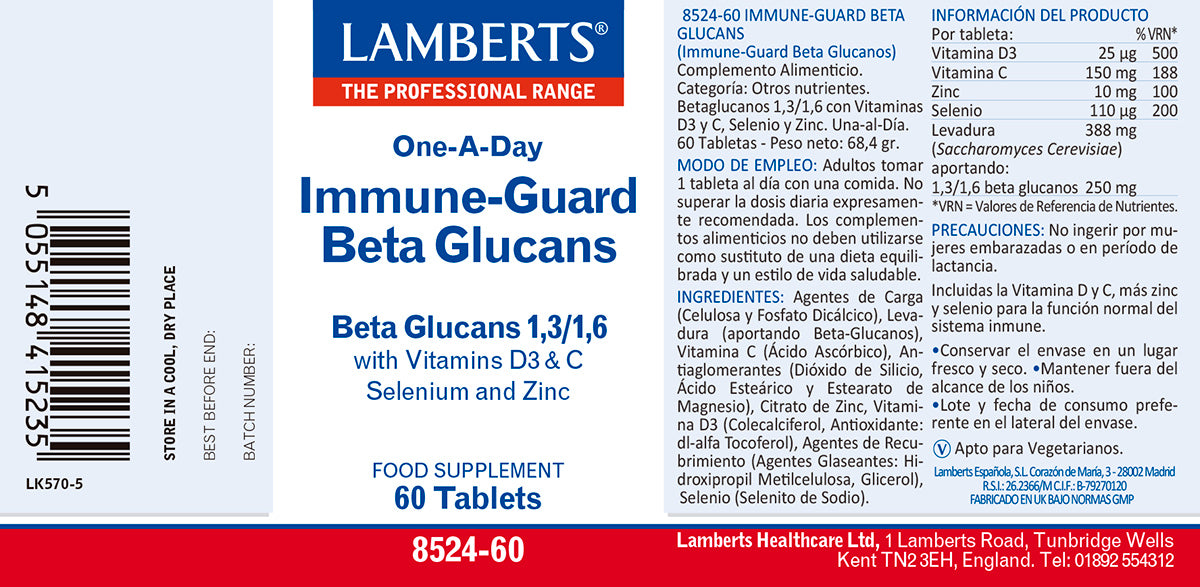 Immune-Guard Beta Glucanos con Vitaminas D3, C más Selenio y Zinc