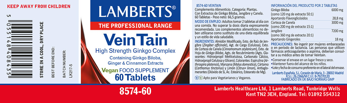 VeinTain con extractos de Ginkgo Biloba, Canela y Jengibre