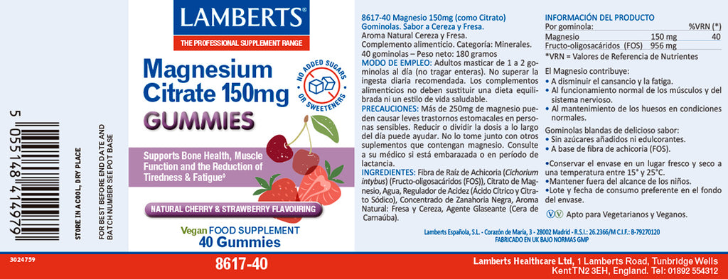 Magnesio 150mg (como Citrato). Gominolas