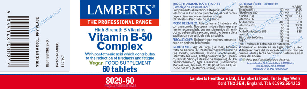 COMPLEJO DE VITAMINAS B-50 60 TAB LAMBERTS.