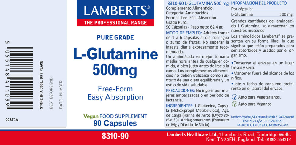 L-Glutamina 500mg. Pura. Aminoácido no esencial con 90 cápsulas